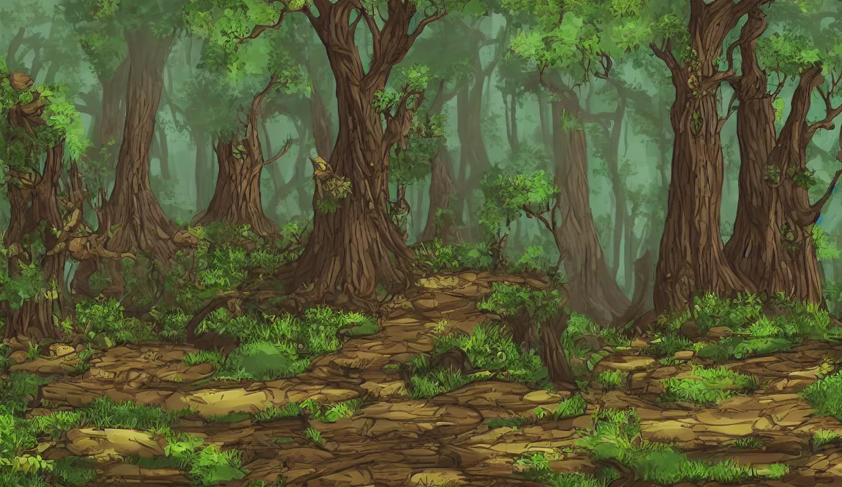 Prompt: a forest scenery background for a point and click adventure game