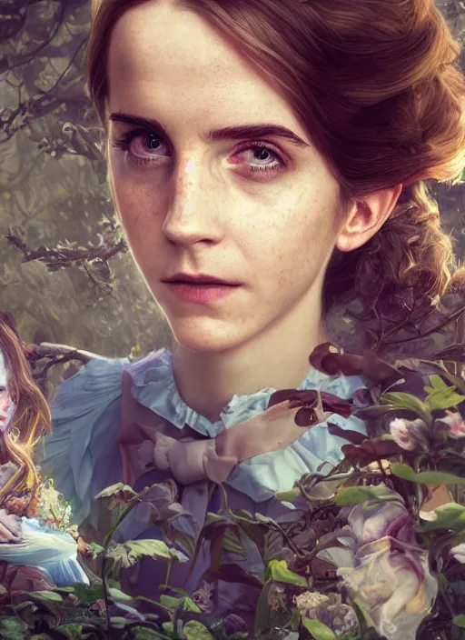 Image similar to portrait of alice in the wonderland as emma watson, hyper detailed, digital art, cinematic lighting, studio quality, smooth render, unreal engine 5, octane rendered, art style by klimt and nixeu and ian sprigger and wlop and krenz cushart.