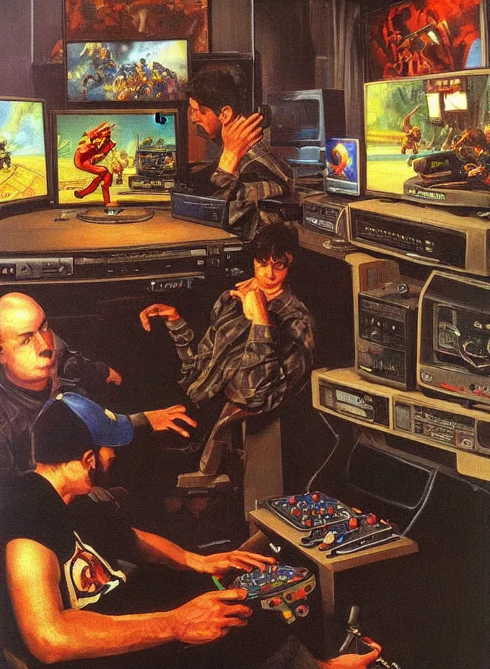 Prompt: Men playing video games on CRT television using Atari joysticks. Painting by Robert Edward Hughes. Intricate details. hyper realism. Masterpiece.