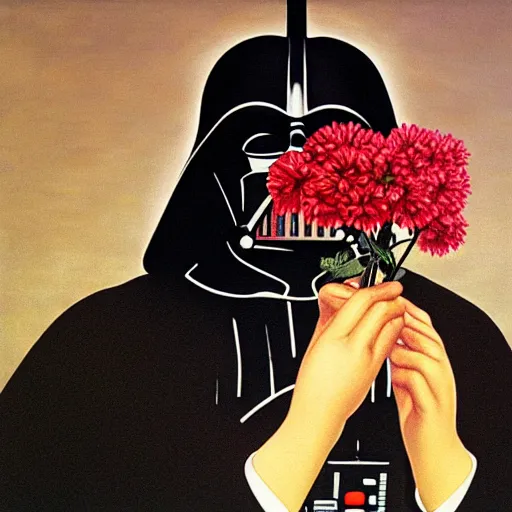 Image similar to portrait of darth vader smelling a flower, painting by rene magritte, high detail, high resolution