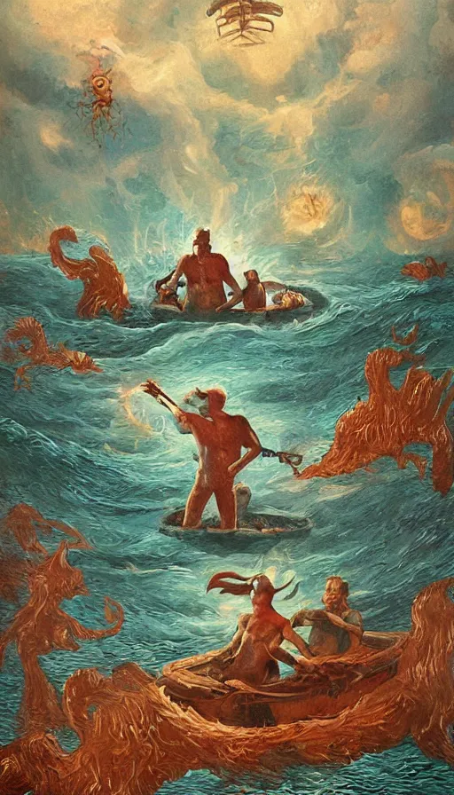 Image similar to man on boat crossing a body of water in hell with creatures in the water, sea of souls, by david eichenberg