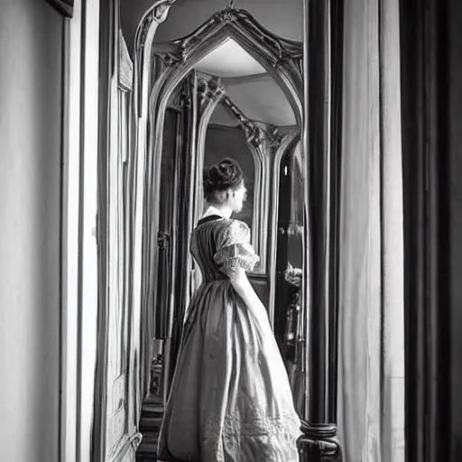 Prompt: a beautiful victorian woman is frightened by her doppleganger in a mirror. she is in a long hallway of mirrors. elegant design, haunting atmosphere, dimly lit, gothic, horror style, mist, low angle, 3 / 4 view.
