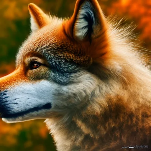 Image similar to professional digital art of a side profile of a tibetan wolf, tan and brown fur, fluffy, autumn, hd, 8 k, highly detailed, high quality, cute