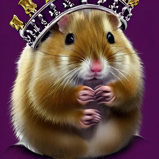 Image similar to A king hamster with a crown and a coat, digital art