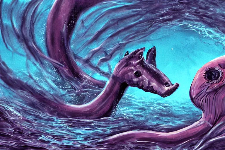 Image similar to a horse trying to swim underwater, attacked by a giant squid, in underwater cavern, digital art