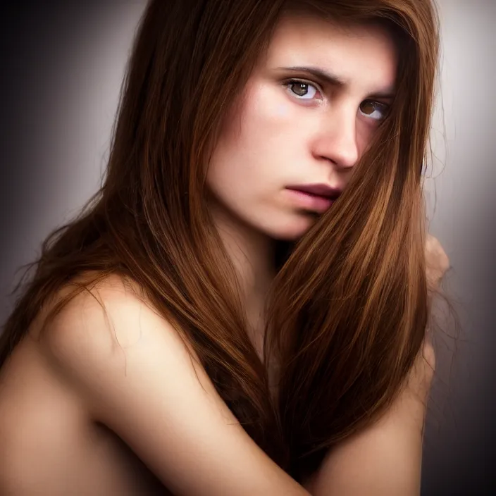 Prompt: photographic Close-up face of a extremely beautiful girl with light brown hair , high light on the left, non-illuminated backdrop, illuminated by a dramatic light, Low key lighting, light dark, High constrast, dramatic , Steve Mccurry, Greg Rutkowski, Alphonse Mucha ,dark background, high quality, photo-realistic,four fingers maximum ,8K,