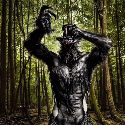 Image similar to werecreature consisting of human and crow, photograph captured in a forest