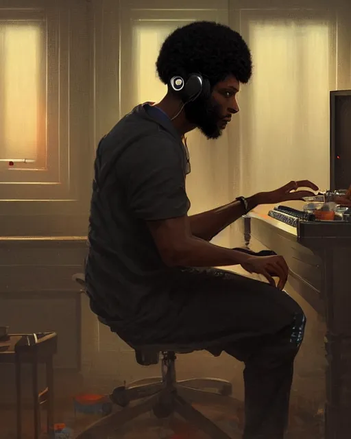 Image similar to light skin black man with headphones at his home studio producing music late at night, very detailed, 4 k, concept art like ernest khalimov, intricate details, highly detailed by greg rutkowski, ilya kuvshinov, gaston bussiere, craig mullins, simon bisley