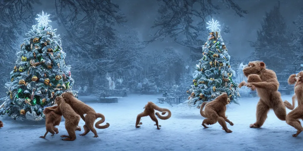 Image similar to Intricate detailed illustration, white-furred humanoid creatures fighting monkeys in front of a christmas tree, cinematic lighting, by Philip Hood, wide angle, volumetric light scattering, 8k, artstation, concept art,