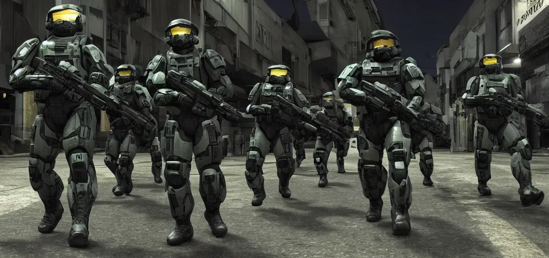 Prompt: A photo of ODST soldiers in New Mombasa streets from Halo 3 ODST at night, 8k, realistic details
