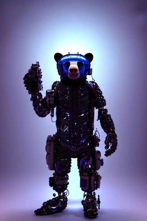 Image similar to high quality 3 d render cyborg bear! plays a cyberpun guitar, cyberpunk highly detailed, unreal engine cinematic smooth, in the style of blade runner, hannah yata charlie immer, moody light, low angle, uhd 8 k, sharp focus