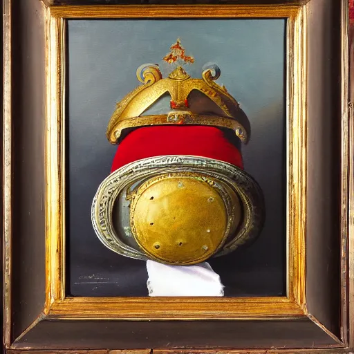 Image similar to still life oil painting of a prussian pickelhaube