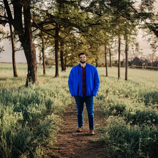 Prompt: steven bonnell ii in a blue jacket walking in a field, 5 0 mm sigma lens, sony a 7 siii