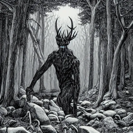 Image similar to wendigo in the woods, Michael Whelan, pen and ink, black and white