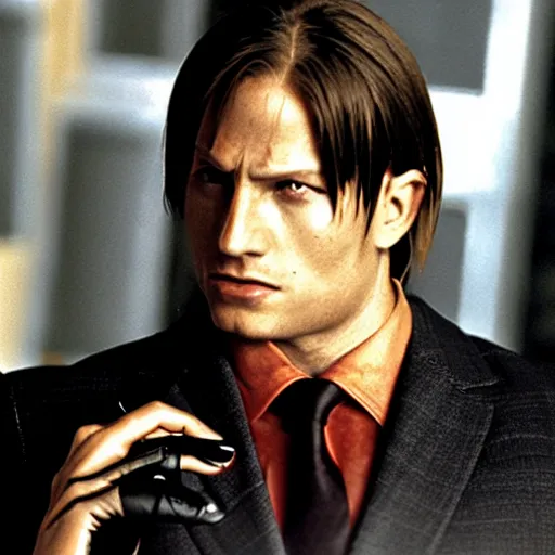 Prompt: Leon Kennedy from Resident Evil as The American Psycho, sweating intensely, cinematic still