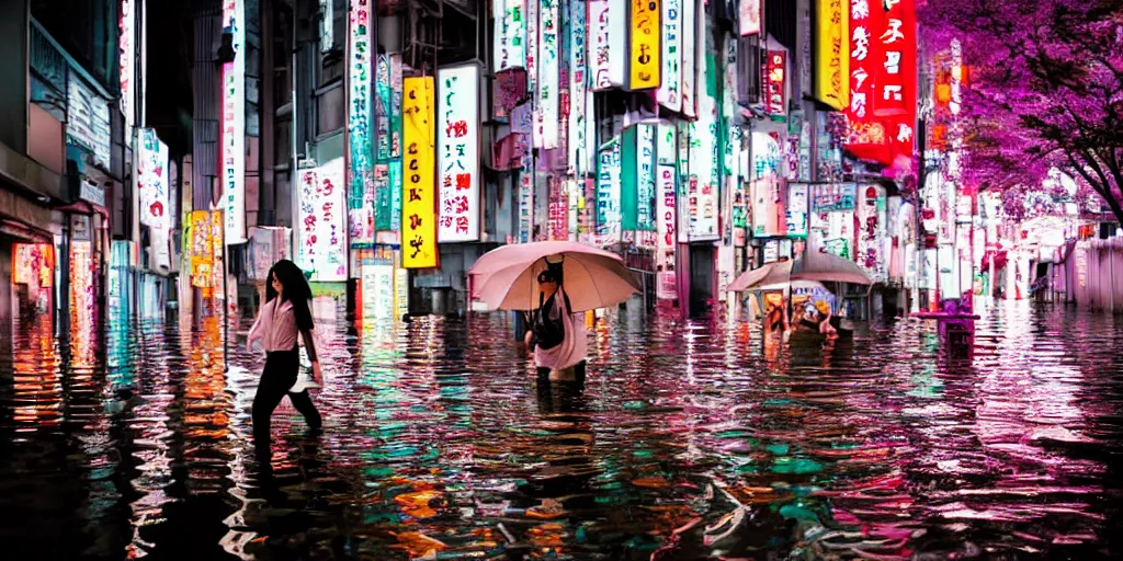 Prompt: white haired girl walking in a vibrant flooded tokyo at night, rainy day, neon lights lots of trees, dense vegetation,,, volumetric lighting, exposure ambient lighting, blooming flowers,, cinematic, subtle, vibrant colors, photo,