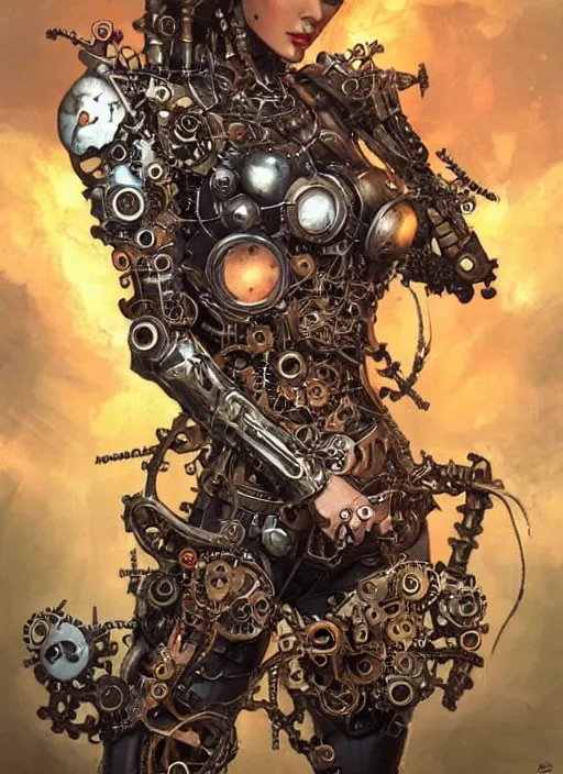 Image similar to front portrait of attractive Lady Mechanika with retro-cyborg arms made of gears and levers, Intrincate steampunk imagery , D&D!, fantasy style, sharp focus!, ultra detailed, art by Artgerm and Peter Andrew Jones, WLUP