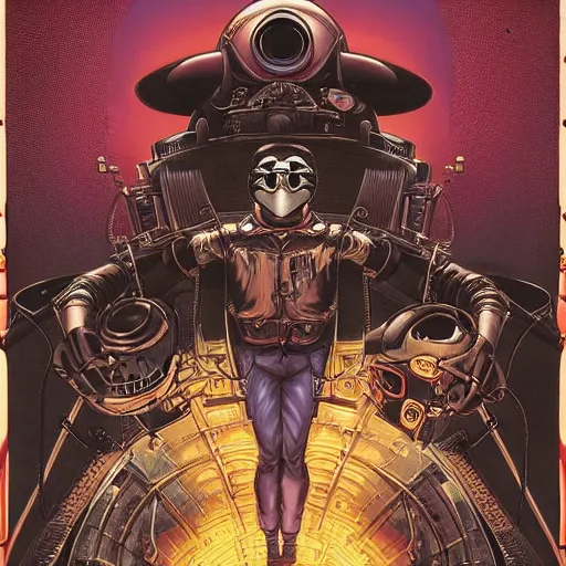 Image similar to portrait of crazy the rocketeer, symmetrical, by yoichi hatakenaka, masamune shirow, josan gonzales and dan mumford, ayami kojima, takato yamamoto, barclay shaw, karol bak, yukito kishiro, jean - baptiste monge