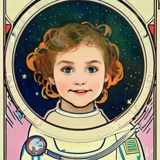 Image similar to a cute little girl with a round cherubic face, blue eyes, and short wavy light brown hair smiles as she floats in space with stars all around her. she is an astronaut, wearing a space suit. beautiful cartoon painting with highly detailed face by alphonse mucha and quentin blake