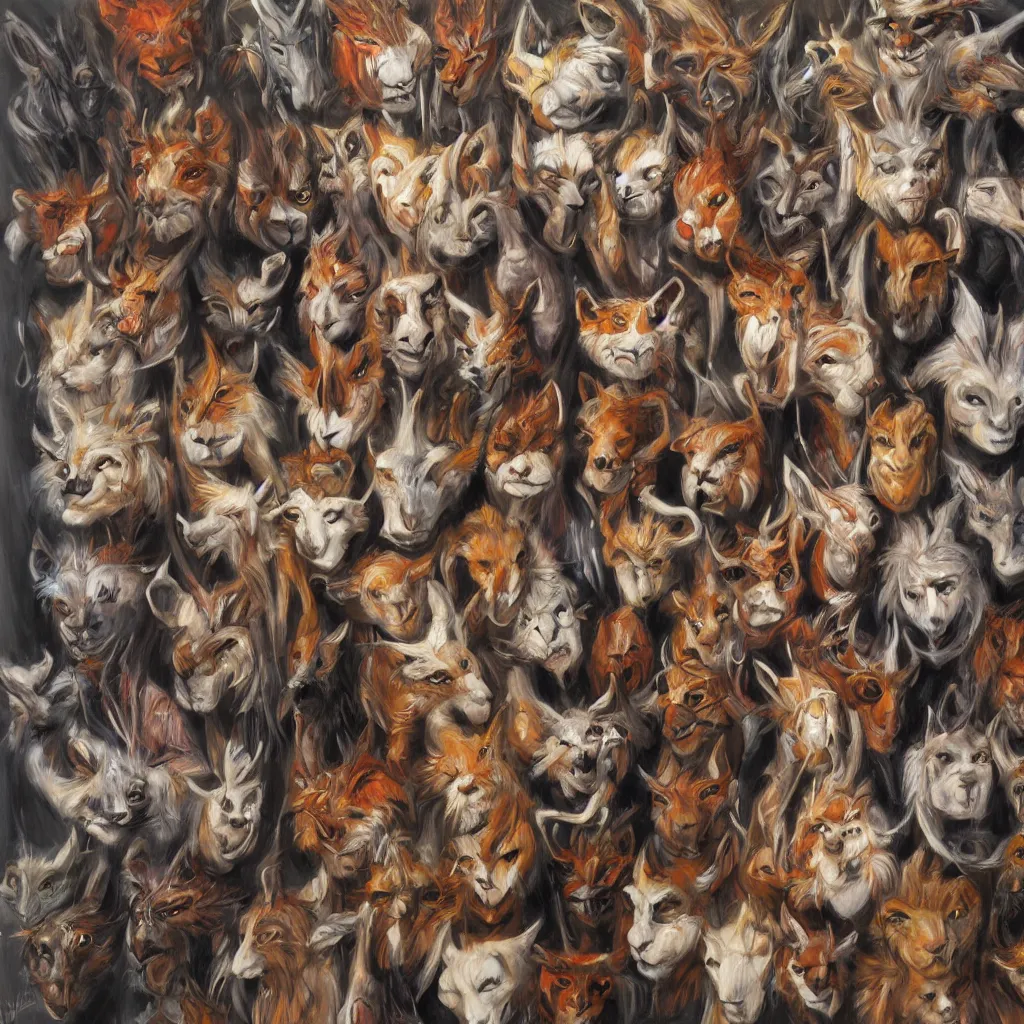 Image similar to a painting of a collection of animal masks hanging on a wall, by julie bell, detailed, concept art, trending on artstation, low light, dramatic