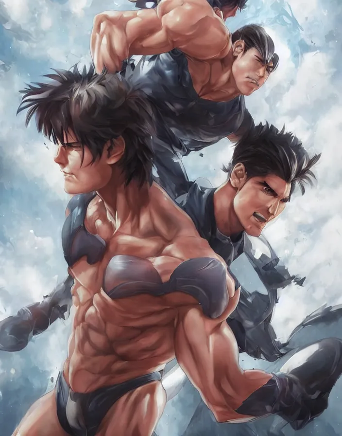 Image similar to anime portrait of tom cruise as a muscular anime boy by Stanley Artgerm Lau, WLOP, Rossdraws, James Jean, Andrei Riabovitchev, Marc Simonetti, and Sakimichan, trending on artstation