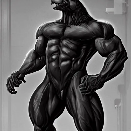 Image similar to an exaggeratedly muscular anthropomorphized black - coated horse with a magnificently muscular physique wearing tight kevlar outfit standing in a facility, long white mane, proportionally enormous arms, equine, anthro art, furaffinity, highly detailed, digital painting, artstation, concept art, illustration, art by artgerm, greg rutkowski, wlop