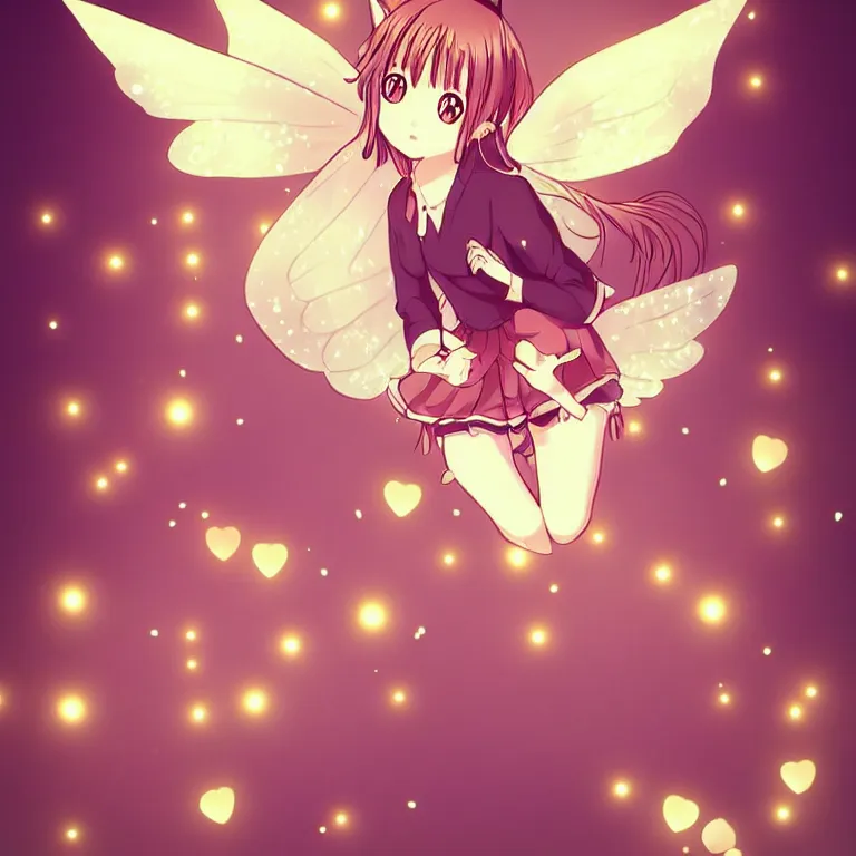 Image similar to cute, full body, female, anime style, a cat girl with fairy wings, large eyes, beautiful lighting, sharp focus, simple background, creative, heart effects, filters applied, illustration