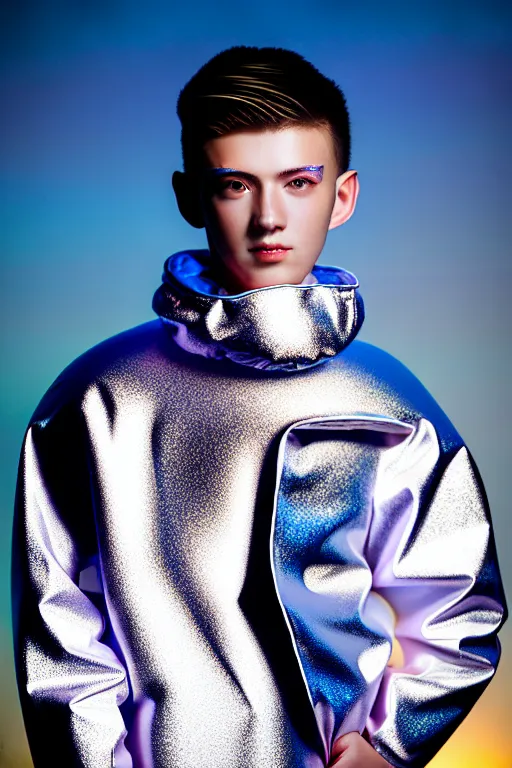 Image similar to un ultra high definition studio quality photographic art portrait of a young man standing on the rooftop of a british apartment building wearing soft baggy inflatable padded silver iridescent pearlescent clothing. three point light. extremely detailed. golden ratio, ray tracing, volumetric light, shallow depth of field. set dressed.