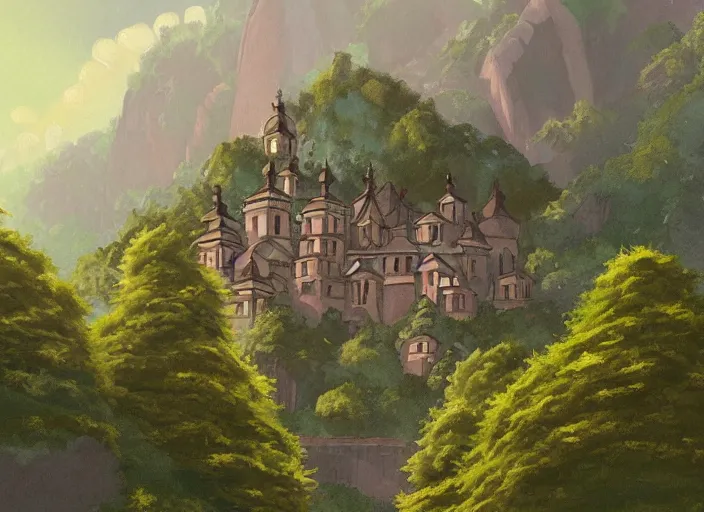 Prompt: view of a monastery on a forested mountain, in the style of studio ghibli, distant, detailed, artstation, award winning painting,
