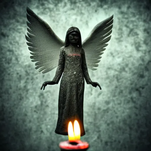 Image similar to angel of death offering a hand in the dark with sympathetic smile high quality, realistic, tilt shift