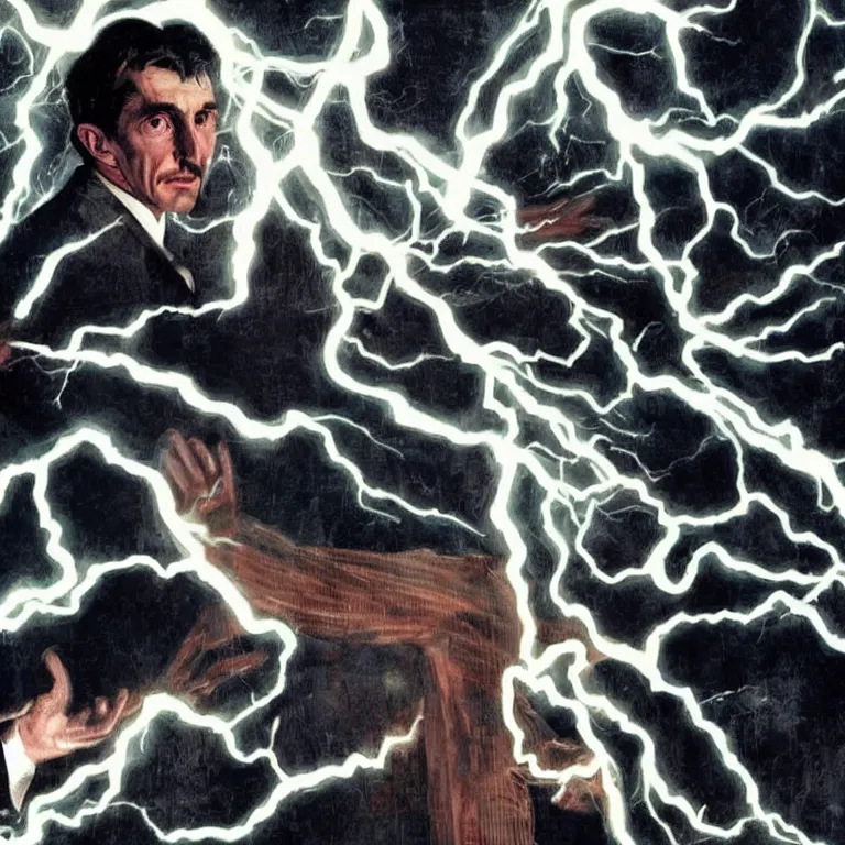 Image similar to Nikola Tesla spewing lightning from hands, netflix, marvel, full hd, comics