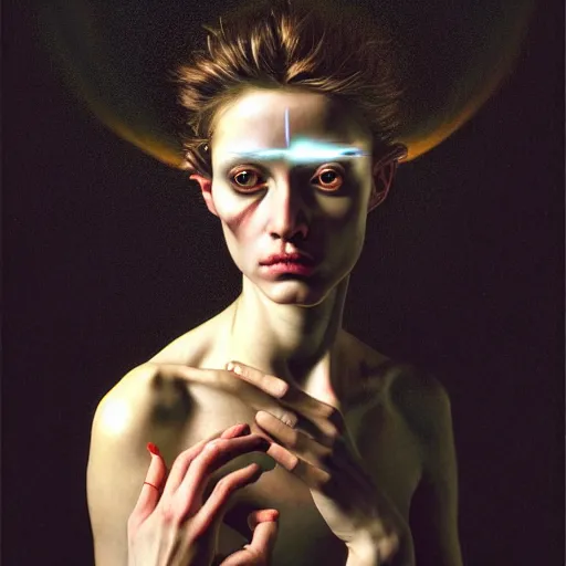 Image similar to Colour Caravaggio style Photography of Beautiful woman with highly detailed 1000 years old face wearing higly detailed sci-fi halo above head designed by Josan Gonzalez. Woman holding cigarette between fingers in her hand, Many details by Caravaggio. . In style of Josan Gonzalez and Mike Winkelmann andgreg rutkowski and alphonse muchaand Caspar David Friedrich and Stephen Hickman and James Gurney and Hiromasa Ogura. volumetric natural light