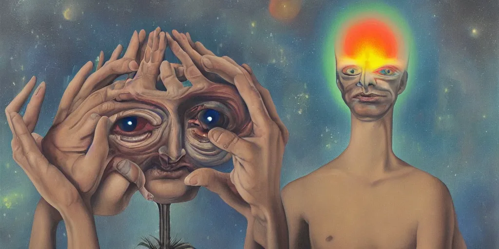 Prompt: a surreal painting of man with his third eye opening