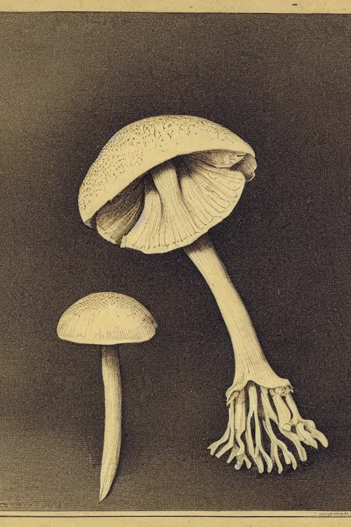 Prompt: 1 9 th century scientific illustration of a mushroom