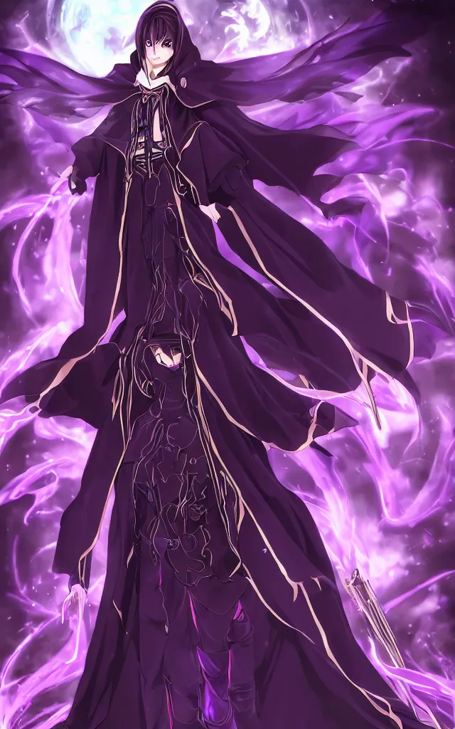 Image similar to an attractive anime female necromancer mage symmetrical, donned in black cloak with purple staff full body in frame