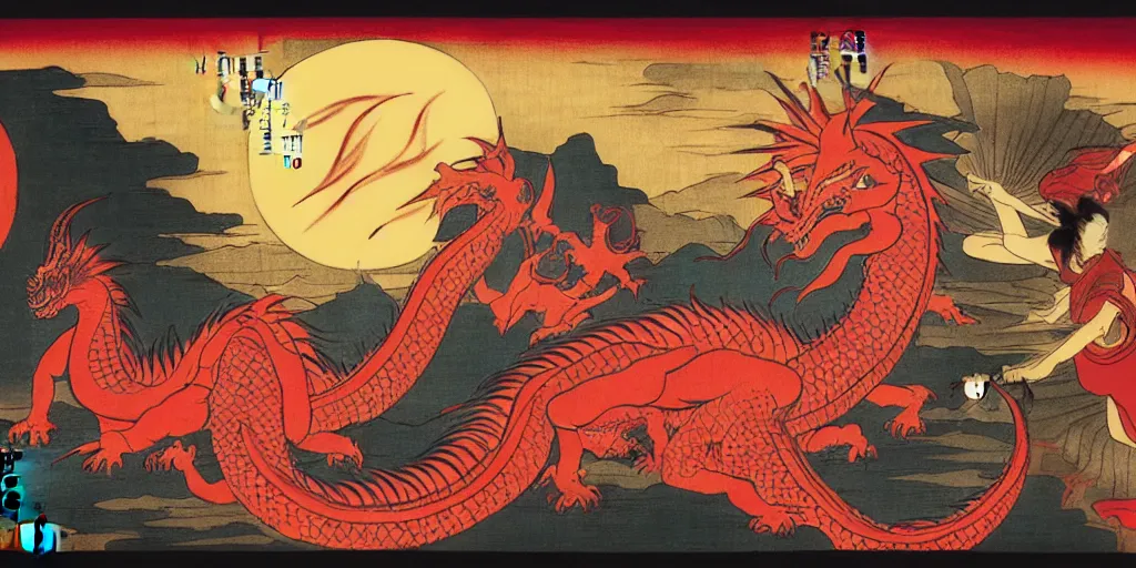Prompt: The Great Red Dragon and the Woman Clothed with the Sun, at dusk, by Utagawa Kuniyoshi, dramatic lighting, high contrast colors, panoramic view, as trending on Artstation,