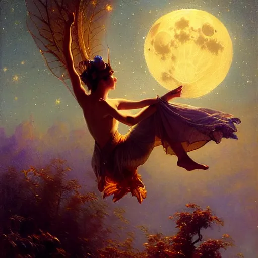 Image similar to attractive fairy magically floating high in the night, fantasy, full moon in background. highly detailed painting by gaston bussiere, craig mullins, j. c. leyendecker, mid shot, 8 k