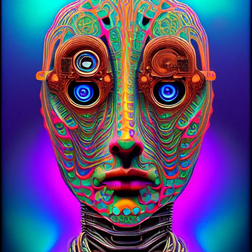 Image similar to An extremely psychedelic portrait of a robot, surreal, LSD, face, detailed, intricate, elegant, lithe, highly detailed, digital painting, artstation, concept art, smooth, sharp focus, illustration