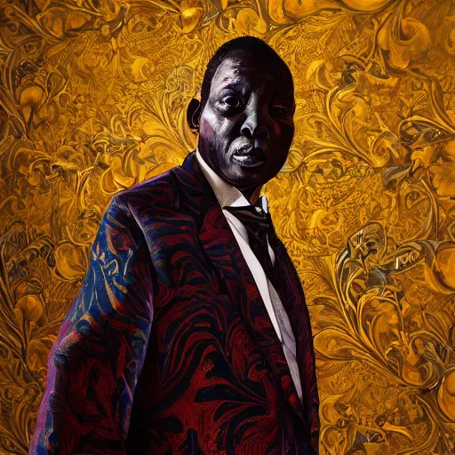 Image similar to a painting of a XXL wise elder from Kenya in a suit by Kehinde Wiley . dramatic angle, ethereal lights, details, smooth, sharp focus, illustration, realistic, cinematic, artstation, award winning, rgb , unreal engine, octane render, cinematic light, macro, depth of field, blur, red light and clouds from the back, highly detailed epic cinematic concept art CG render made in Maya, Blender and Photoshop, octane render, excellent composition, dynamic dramatic cinematic lighting, aesthetic, very inspirational, arthouse.