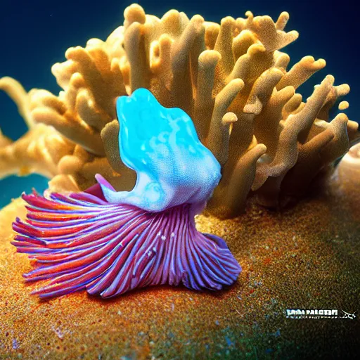 Prompt: A Nudibranch sitting on coral, intricate details, light shafts, hyper realism, cinematic, epic, pearlescent, iridescent, film look, octane