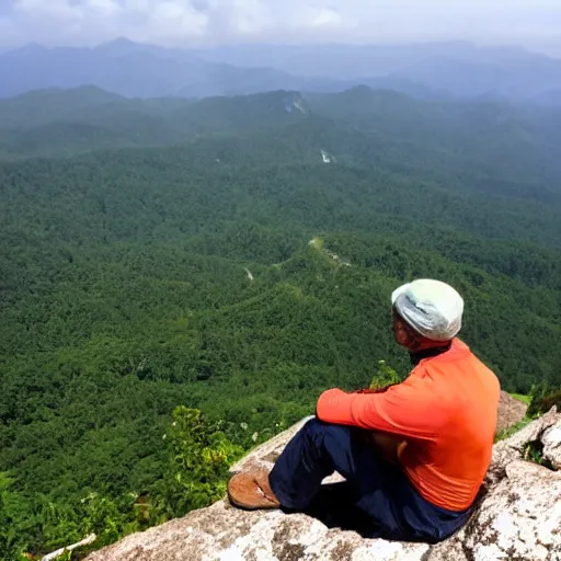 Image similar to man sitting on top peak mountain cliff looking at tsunami