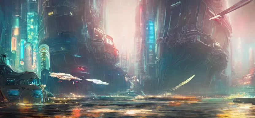 Prompt: beautiful masterpiece painting of a futuristic city under the sea, cyberpunk, digital art 8k,