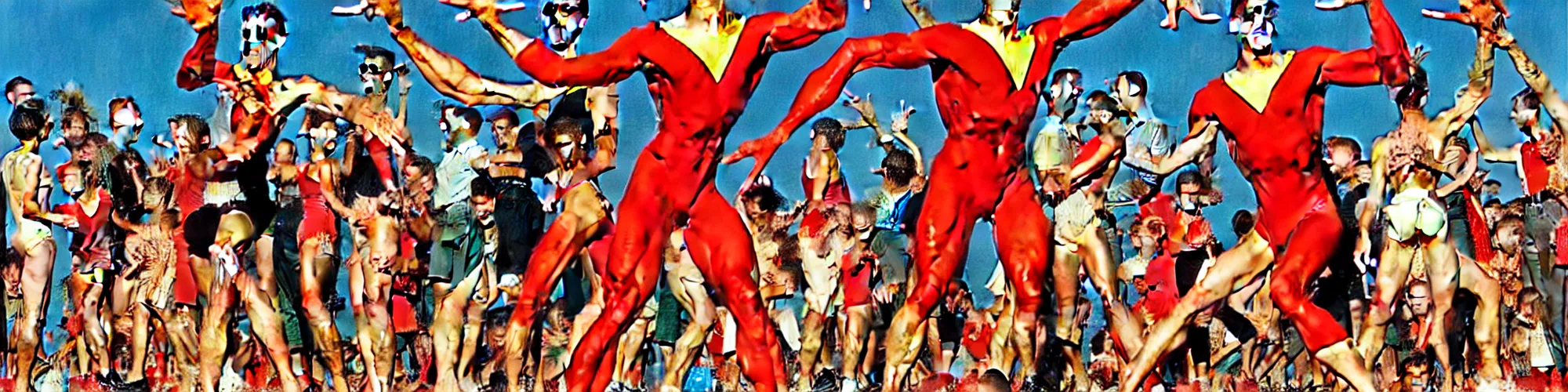 Image similar to plasticman showing off his weird limbs illustrated by norman rockwell with very long hands and arms and fingers and legs and feet twirling and twisting around at a very sunny park in a very crowded city with people looking surprised and stunned, funny, silly