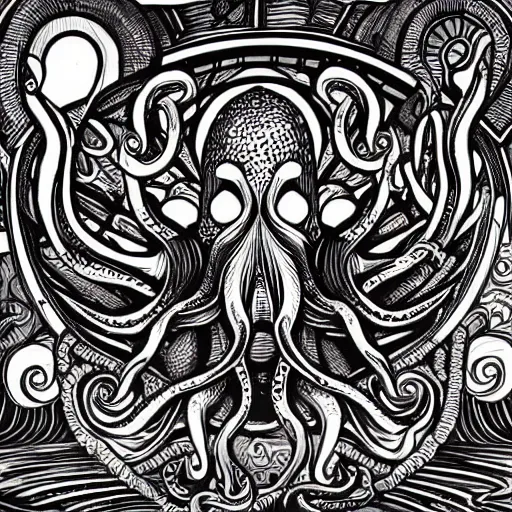 Prompt: the sacred octopus god of the alien people of the ocean world of tao city phi, as he is his worshiped in the architectures of the elaborate and hyperdetailed self - transforming landscape