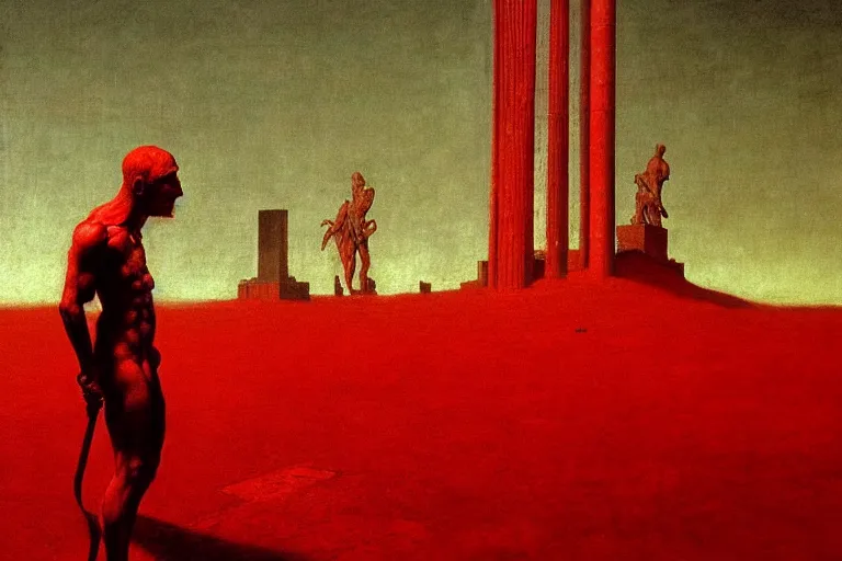 Image similar to only with red, caesar after war, a red tiger, in hoc signo vinces, rome in background, an ancient path, in the style of beksinski, part by hopper, part by rodcenko, part by hofbauer, intricate composition, red by caravaggio, insanely quality, highly detailed, masterpiece, red light, artstation