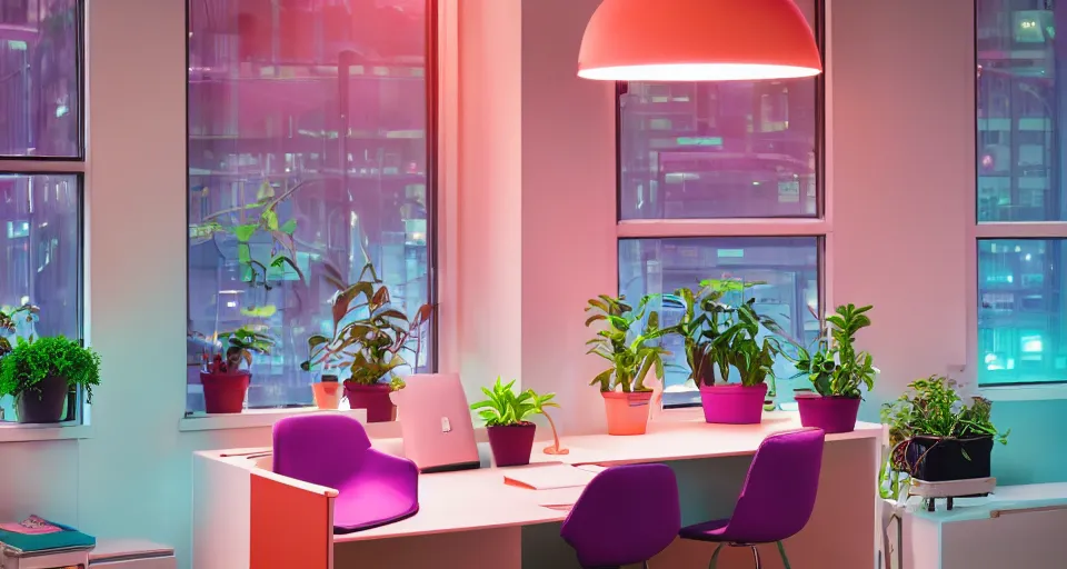 Image similar to IKEA catalogue photo, modern office space, retro future style furniture, cyberpunk style neon lighting, lush plant life, cityscape in the window, Purple, Teal, Mint, Pink, Orange