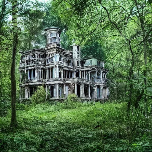 Prompt: abandoned victorian mansion, cobwebs, haunted, nestled into a clearing in a forest, light shining through the foliage
