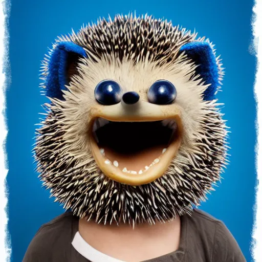 Image similar to anthropomorphic blue hedgehog with human teeth, studio portrait