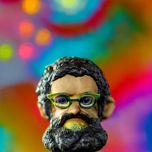 Prompt: close up shot of a bobble head psychedelic terence mckenna, depth of field, fstop 1. 3, bokeh
