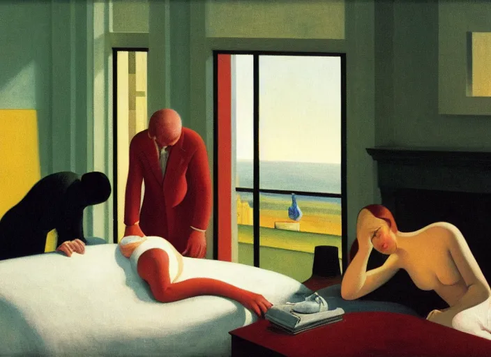 Image similar to three people interacting in a hotel room in afternoon light, clouds, bird, open ceiling, strange foreign objects, oil painting by edward hopper, chirico and rene magritte